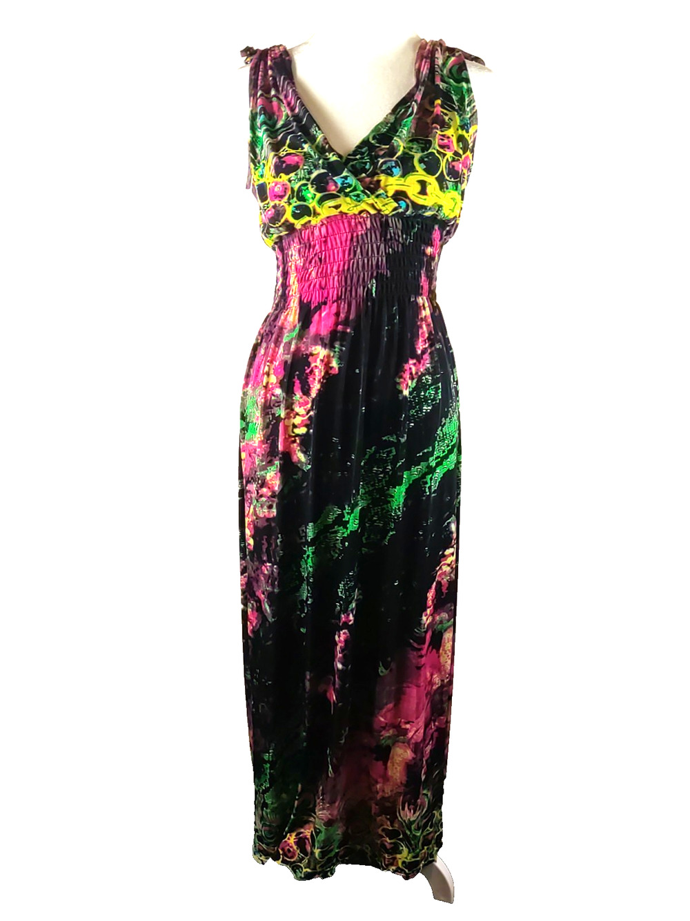 Julia Size M Halter Summer Dress Black Orange Blue Full Length Silk Polyester